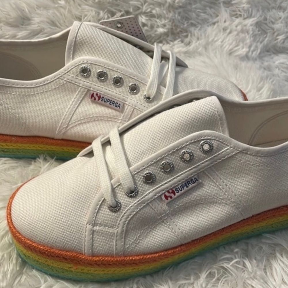 SUPERGA sz US women 10 men 8.5 NEW White sneakers espadrille rainbow platform